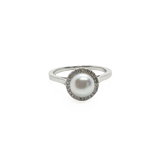 14kw Pearl and Diamonds Halo Ring